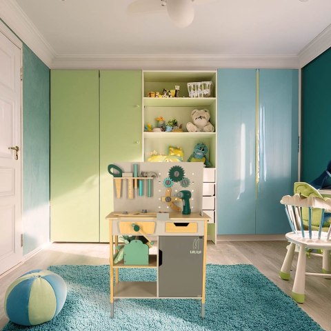 Warsztat drewniany LULILO Fikso zestaw małego majsterkowicza z narzędziami piła wkrętarka dźwięki 86cm Warsztat drewniany LULILO Fikso zestaw małego majsterkowicza z narzędziami piła wkrętarka dźwięki 86cm