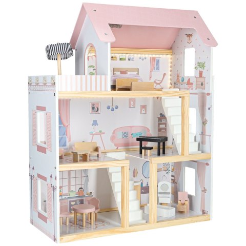 Domek dla lalek drewniany mebelki 80cm róż LED
