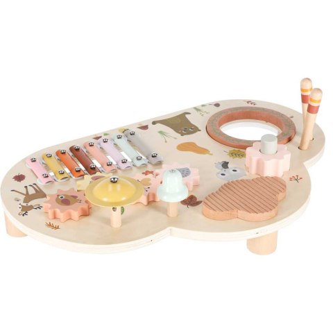 Stolik edukacyjny drewniany tablica muzyczna cymbałki talerze