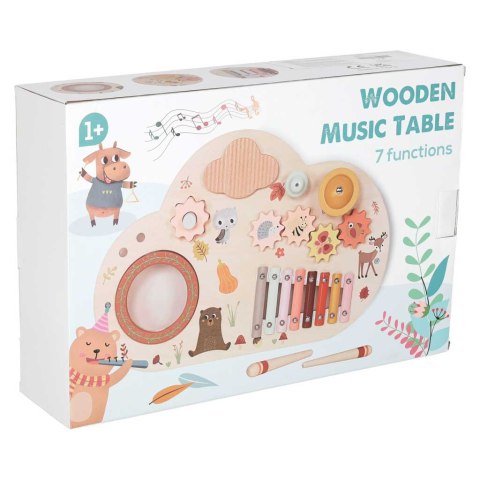 Stolik edukacyjny drewniany tablica muzyczna cymbałki talerze