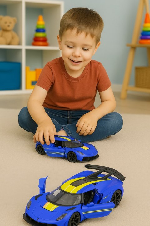 Samochód Wyścigowy Sportowy Metalowy Napęd Otwierane Drzwi Niebieski 1:32