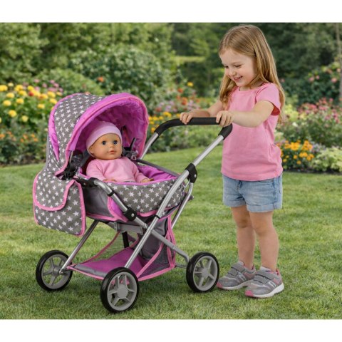 Wózek Dla Lalek Spacerówka 2 w 1 Torba Szaro Różowy Gwiazdki