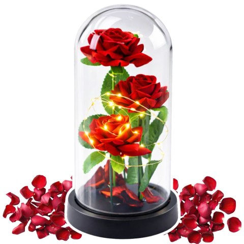 Wieczne 3 Róże w Kopule z Oświetleniem LED i Płatkami Róż Czerwone 21x11cm
