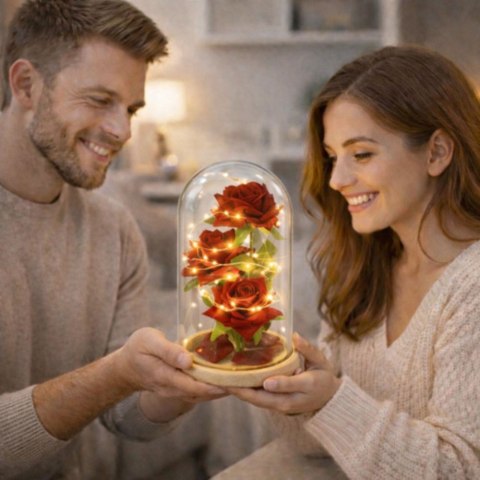 Wieczne Róże W Szklanej Kopule Oświetlenie LED Czerwone 21,5 x 11 cm