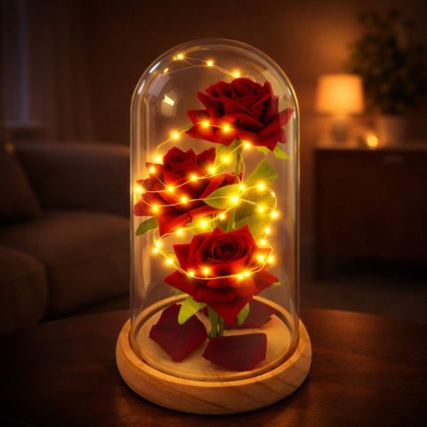 Wieczne Róże W Szklanej Kopule Oświetlenie LED Czerwone 21,5 x 11 cm