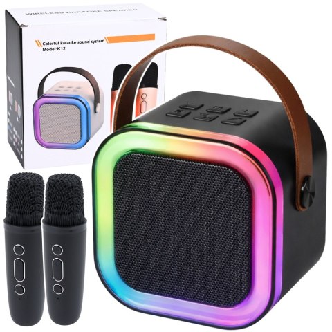 Zestaw Do Karaoke Głośnik Dwa Mikrofony Światła LED Czarny