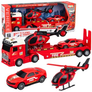 Zestaw Strażacki Ratunkowy Ciężarówka Laweta Auto Helikopter Światła Dźwięk