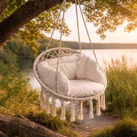 Huśtawka fotel bocianie gniazdo z oparciem ecru 80cm + poduszka 150 kg