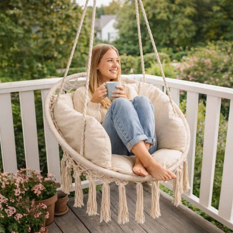 Huśtawka fotel bocianie gniazdo z oparciem ecru 80cm + poduszka 150 kg