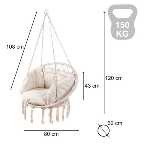 Huśtawka fotel bocianie gniazdo z oparciem ecru 80cm + poduszka 150 kg