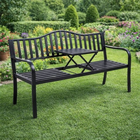 Ławka Ogrodowa Taras Ogród Park Metalowa Oparcie Stolik Czarna 150 cm