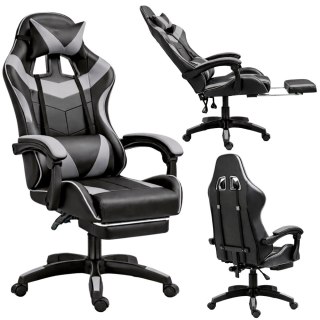 Fotel Gamingowy LEAN Obrotowy Biurowy Z Podnóżkiem Poduszki Czarno-Szary