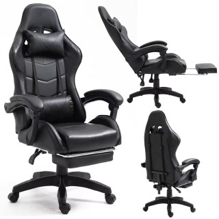 Fotel Gamingowy LEAN Obrotowy Biurowy Z Podnóżkiem Poduszki Czarny