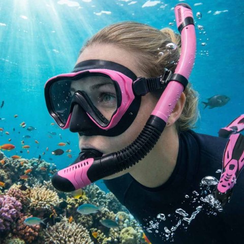 Maska do snurkowania okulary rurka fajka zestaw różowo-czarny