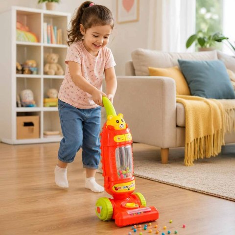 Odkurzacz dla dzieci pionowy interaktywny z dźwiękiem malinowy 46cm