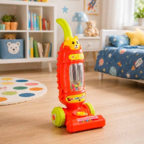 Odkurzacz dla dzieci pionowy interaktywny z dźwiękiem malinowy 46cm