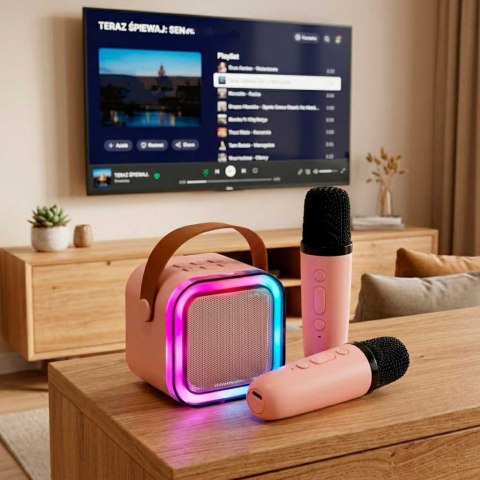 Zestaw do karaoke 2 mikrofony + głośnik przenośny BLUETOOTH USB LED różowy