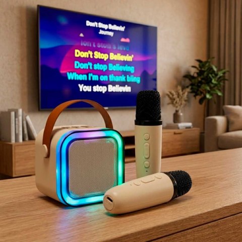 Zestaw do karaoke 2 mikrofony + głośnik przenośny BLUETOOTH USB LED beżowy