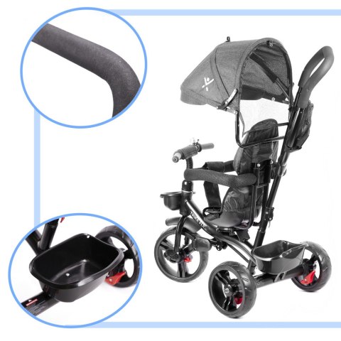 Rowerek trójkołowy Trike Fix Lite 3w1 z daszkiem obracany regulowany spacerówka prowadnik pasy szary