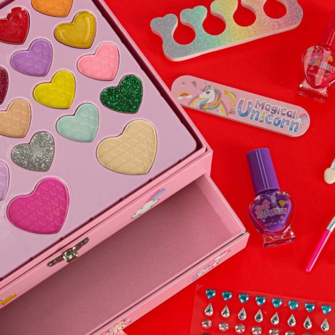 Kuferek zestaw kosmetyków do makijażu i paznokci makeup kosmetyki cienie lakiery szuflady jednorożec Kuferek zestaw kosmetyków do makijażu i paznokci makeup kosmetyki cienie lakiery szuflady jednorożec